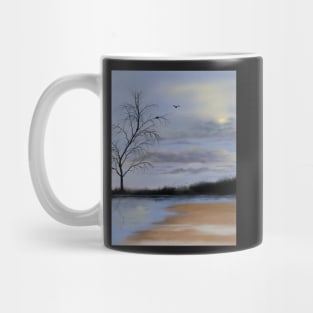 Cloudy beach scene with lone tree and nesting birds Mug